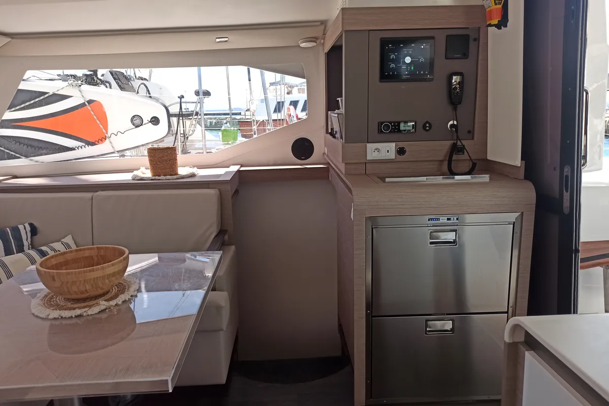 Salon of Almiriki, a Fountaine Pajot Isla 40 catamaran at Parikia, Greece