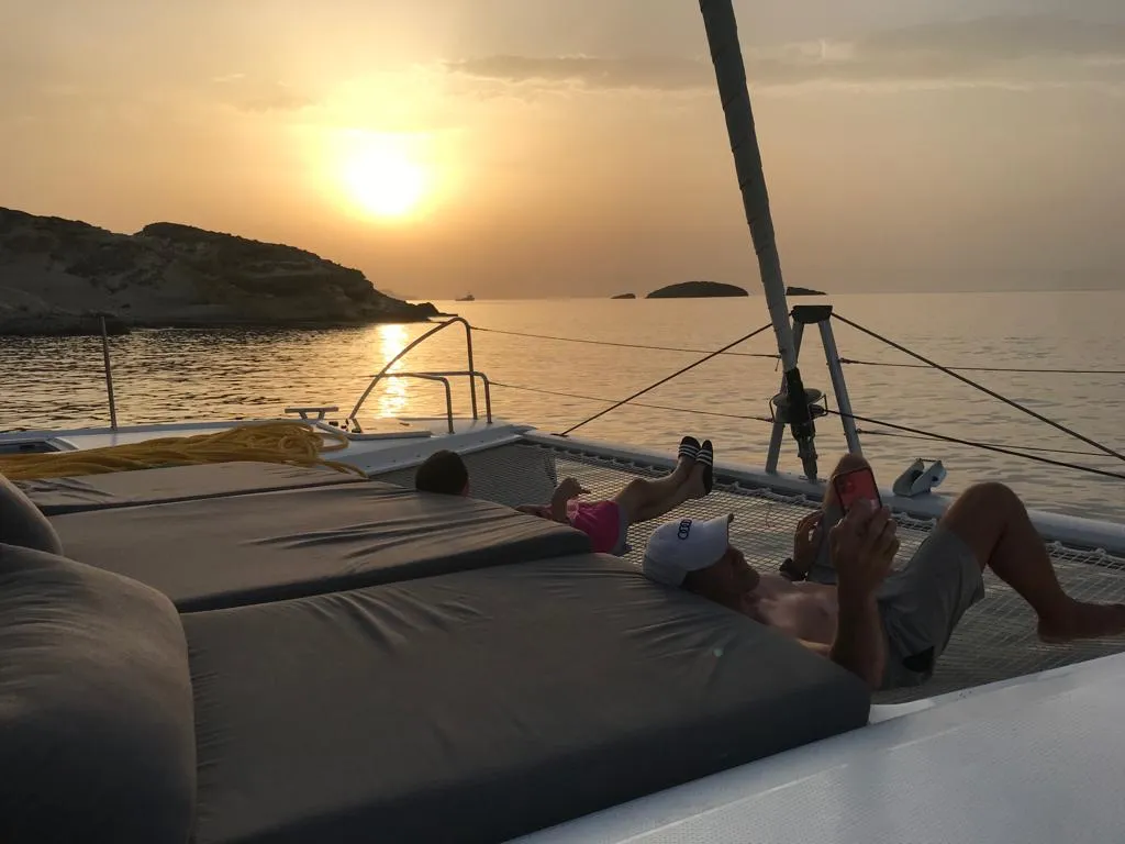Deck of Almiriki, a Fountaine Pajot Isla 40 catamaran at Parikia, Greece