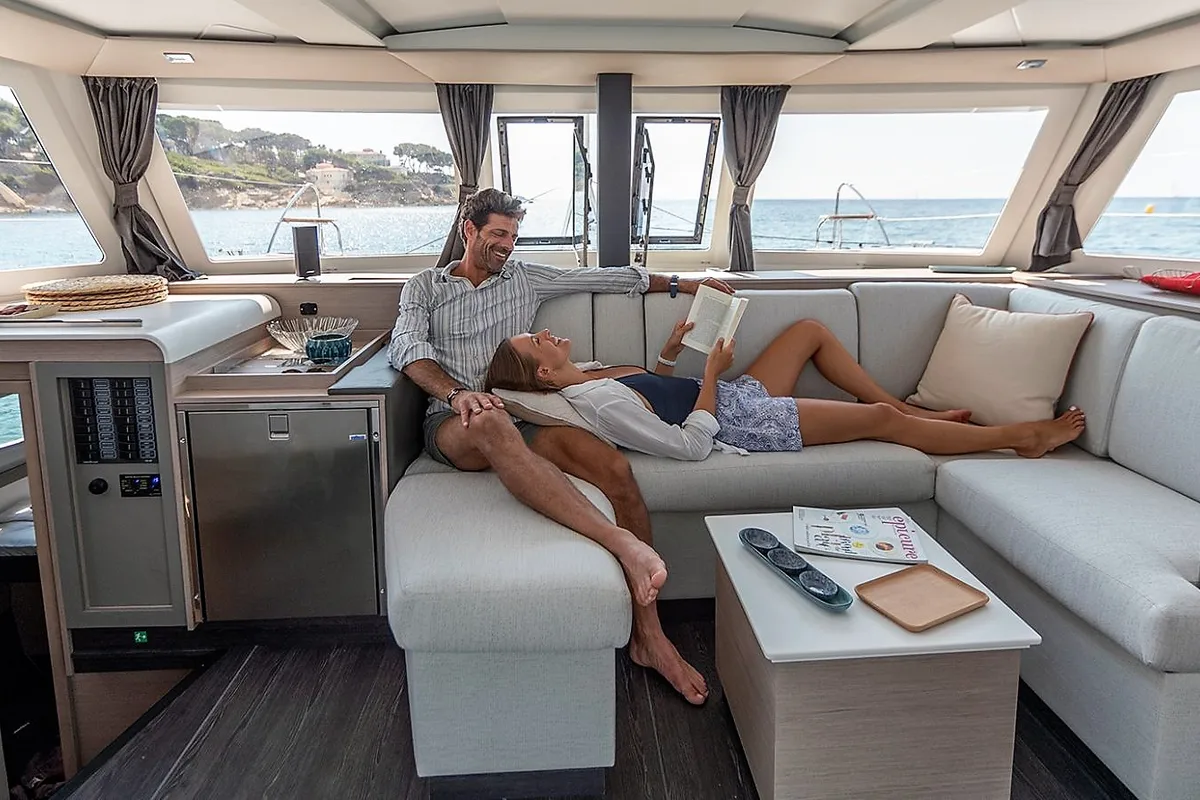 Salon of Almiriki, a Fountaine Pajot Isla 40 catamaran at Parikia, Greece