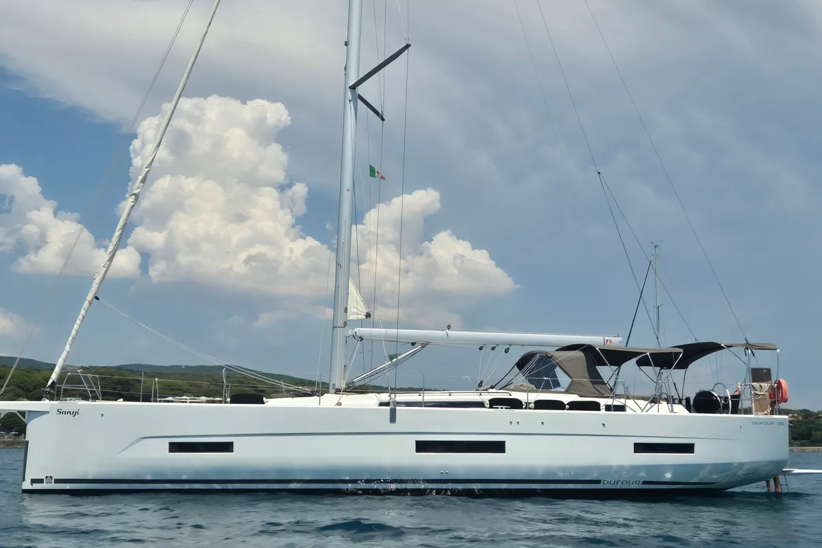 Exterior view of Dufour 530, a sailboat at Rosignano Solvay, Italy