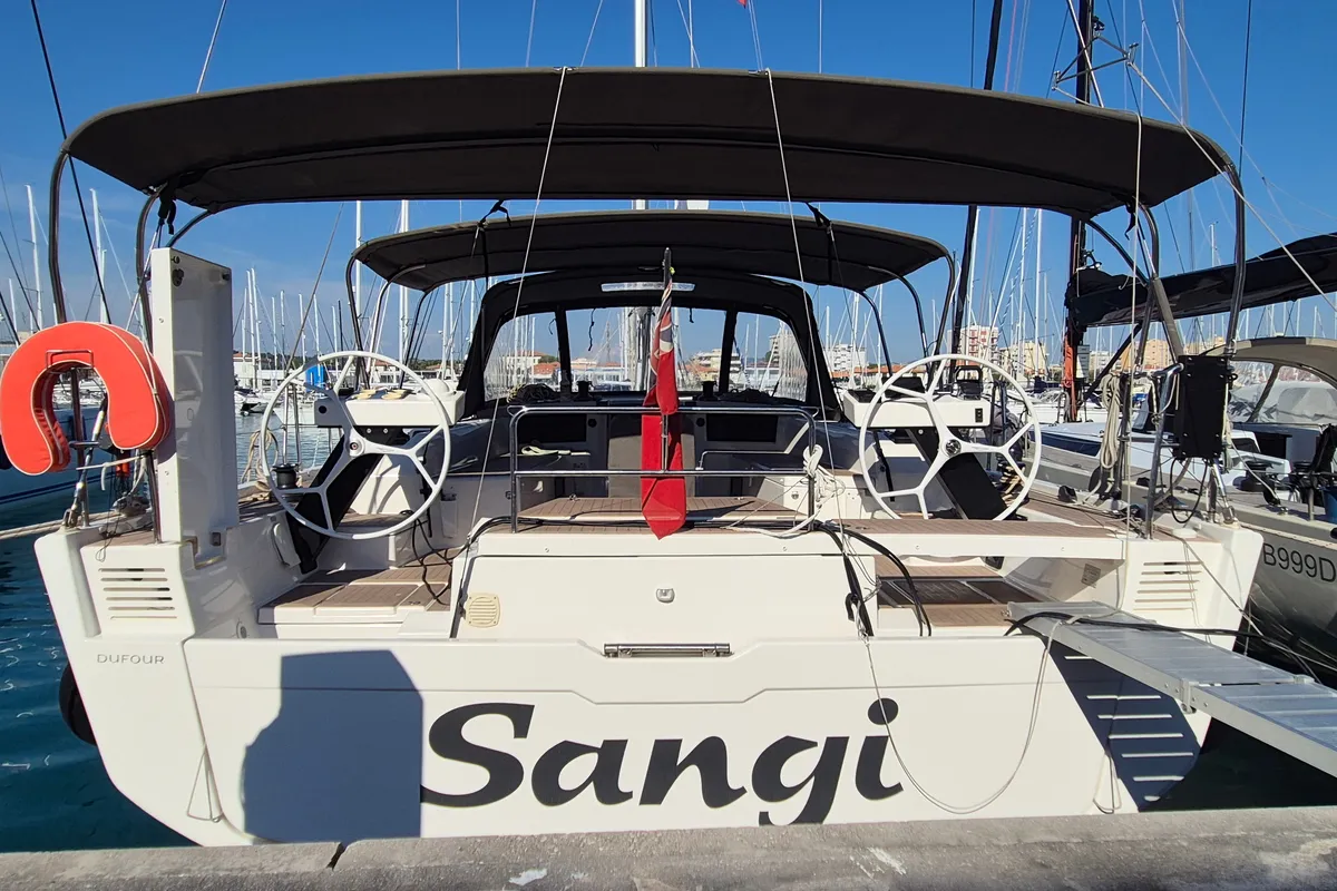 Exterior view of Dufour 530, a sailboat at Rosignano Solvay, Italy