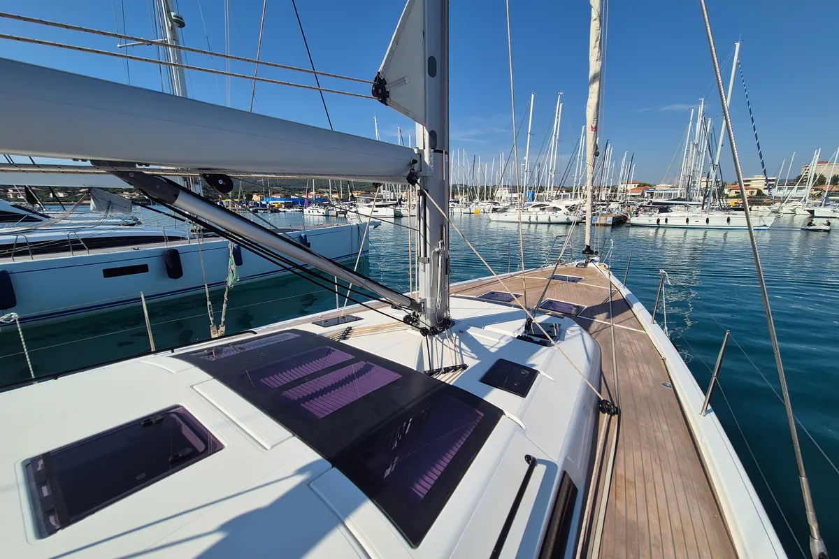Deck of Dufour 530, a sailboat at Rosignano Solvay, Italy