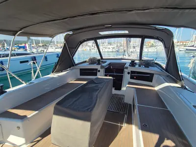 Cockpit of Dufour 530, a sailboat at Rosignano Solvay, Italy