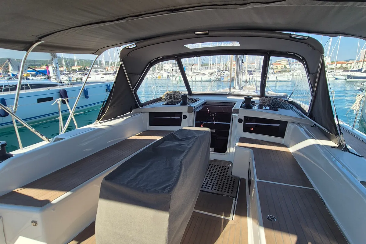 Cockpit of Dufour 530, a sailboat at Rosignano Solvay, Italy