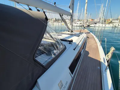 Deck of Dufour 530, a sailboat at Rosignano Solvay, Italy
