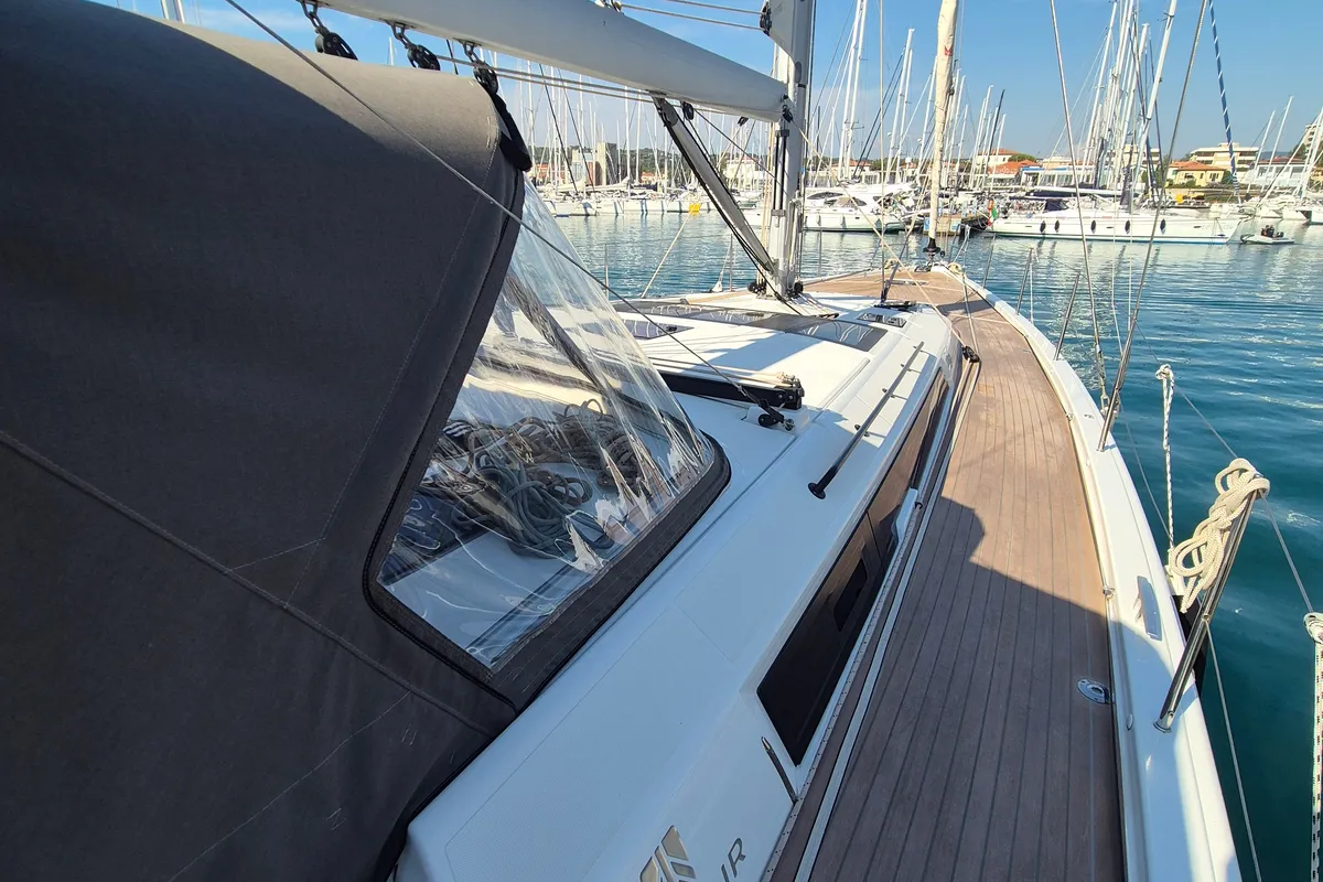 Deck of Dufour 530, a sailboat at Rosignano Solvay, Italy