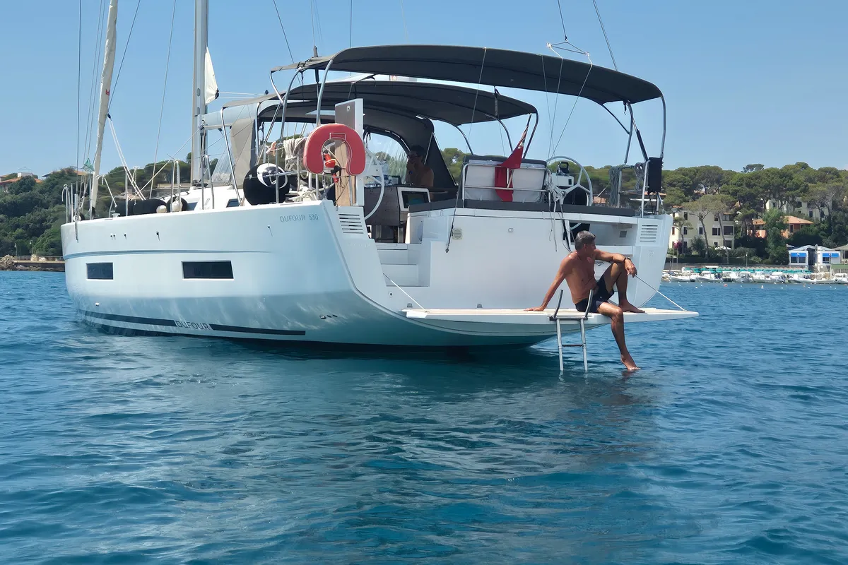 Exterior view of Dufour 530, a sailboat at Rosignano Solvay, Italy