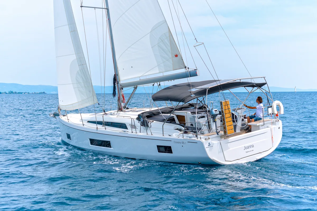 Exterior view of Joanna, a Beneteau Oceanis 46.1 sailboat at Volos, Greece