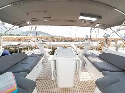 Cockpit of Joanna, a Beneteau Oceanis 46.1 sailboat at Volos, Greece