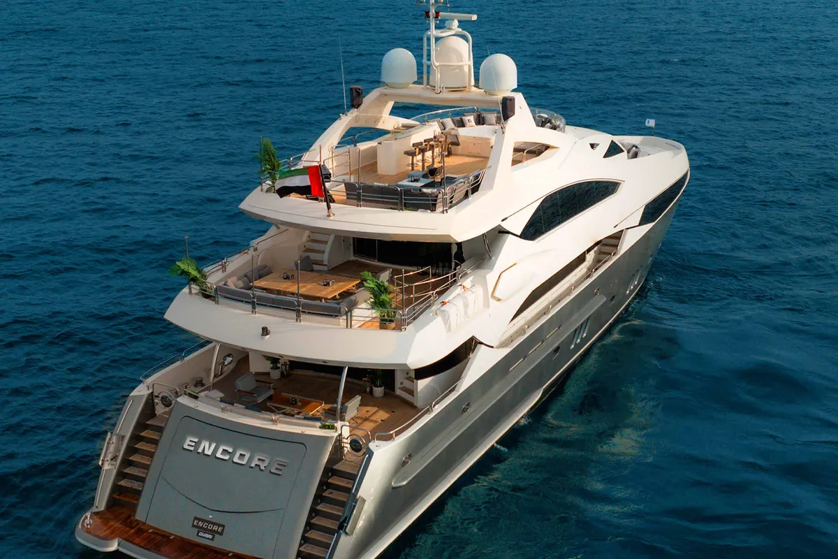 Exterior view of Encore, a Luxury Motor Yacht motor yacht at Dubai Harbour, United Arab Emirates