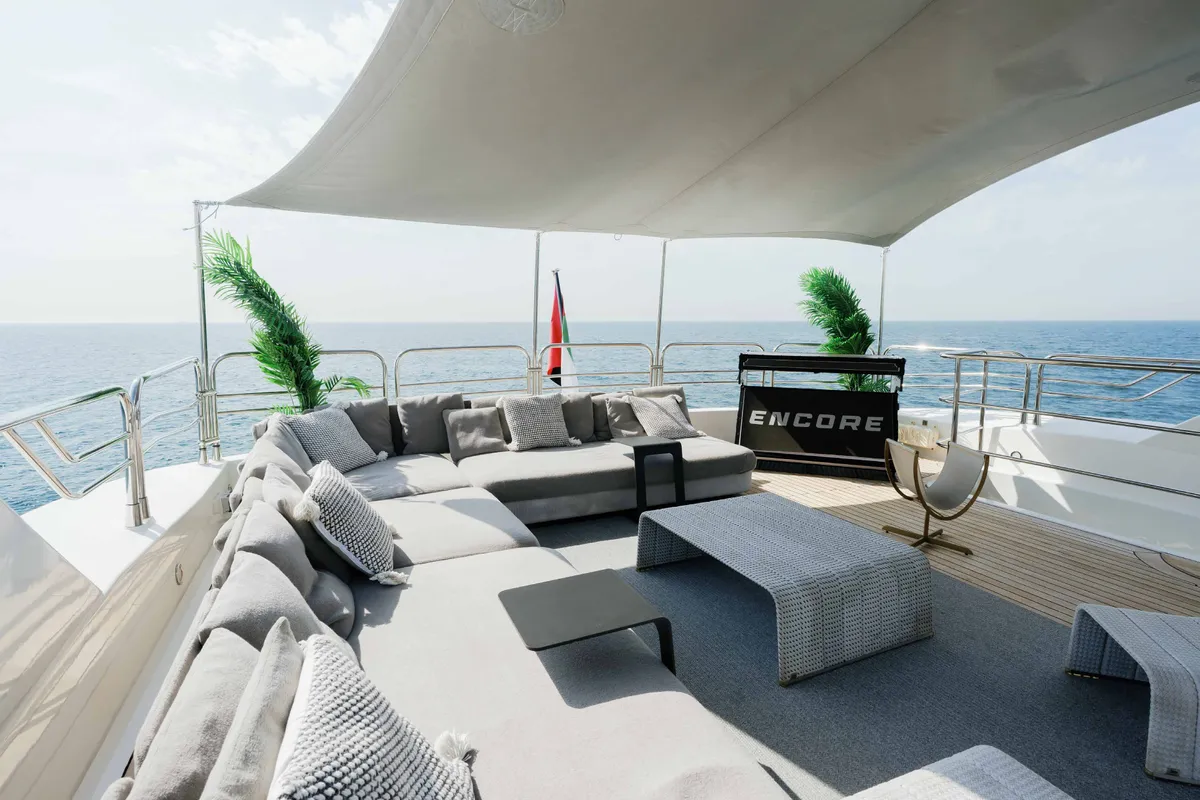 Deck of Encore, a Luxury Motor Yacht motor yacht at Dubai Harbour, United Arab Emirates