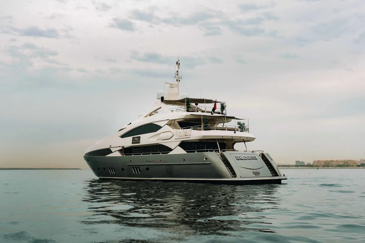 Exterior view of Encore, a Luxury Motor Yacht motor yacht at Dubai Harbour, United Arab Emirates