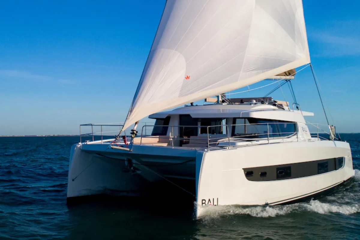 Exterior view of Sara, a Bali 4.4 catamaran at Cannigione, Italy