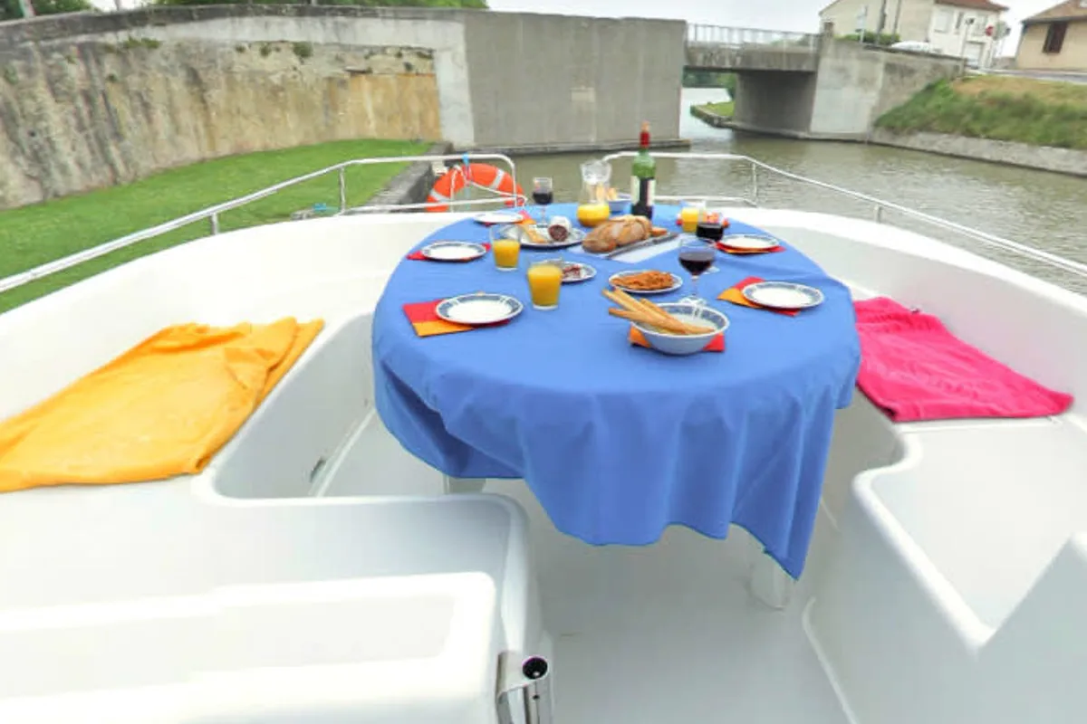 Deck of Cygnet Salsa A, a motorboat at Hesse, France