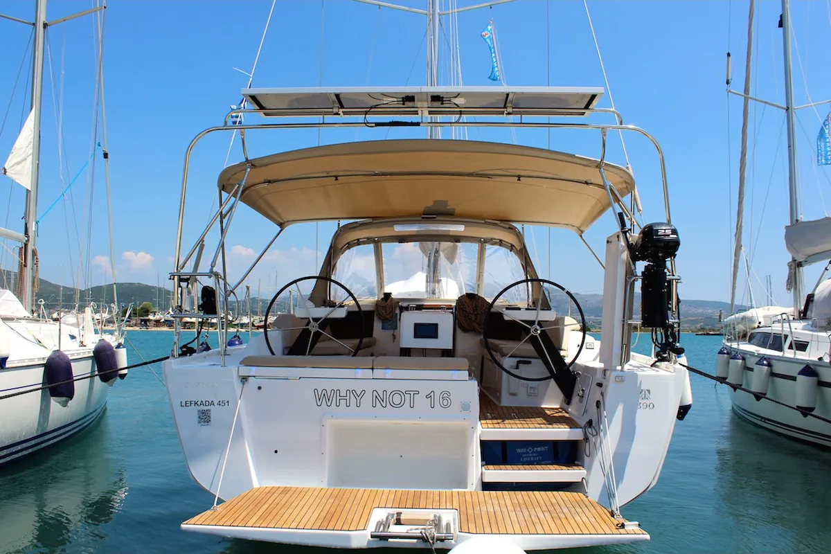 Exterior view of Why Not 16, a Dufour 390 Grand Large sailboat at Municipal Unit of Lefkada, Greece