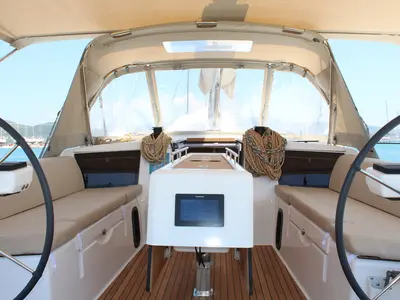 Cockpit of Why Not 16, a Dufour 390 Grand Large sailboat at Municipal Unit of Lefkada, Greece