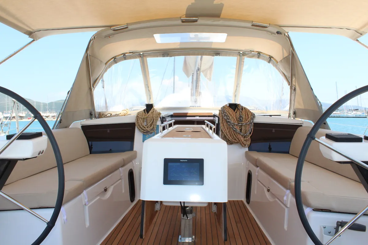 Cockpit of Why Not 16, a Dufour 390 Grand Large sailboat at Municipal Unit of Lefkada, Greece