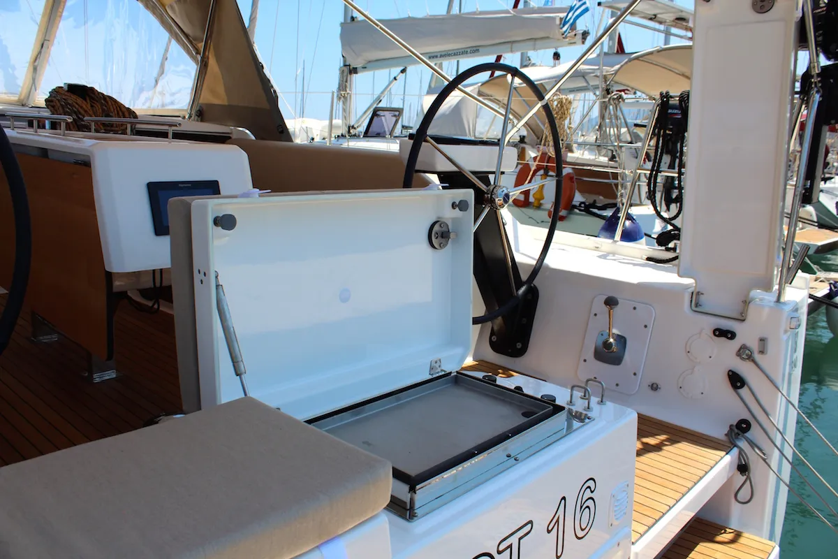 Deck of Why Not 16, a Dufour 390 Grand Large sailboat at Municipal Unit of Lefkada, Greece