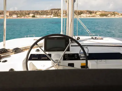 Cockpit of Sabari, a Lagoon 46 catamaran at Olbia, Italy