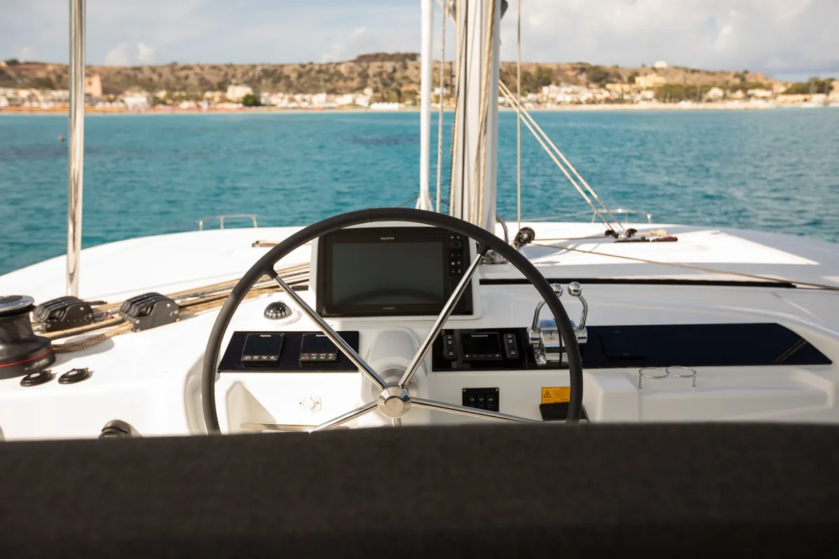 Cockpit of Sabari, a Lagoon 46 catamaran at Olbia, Italy