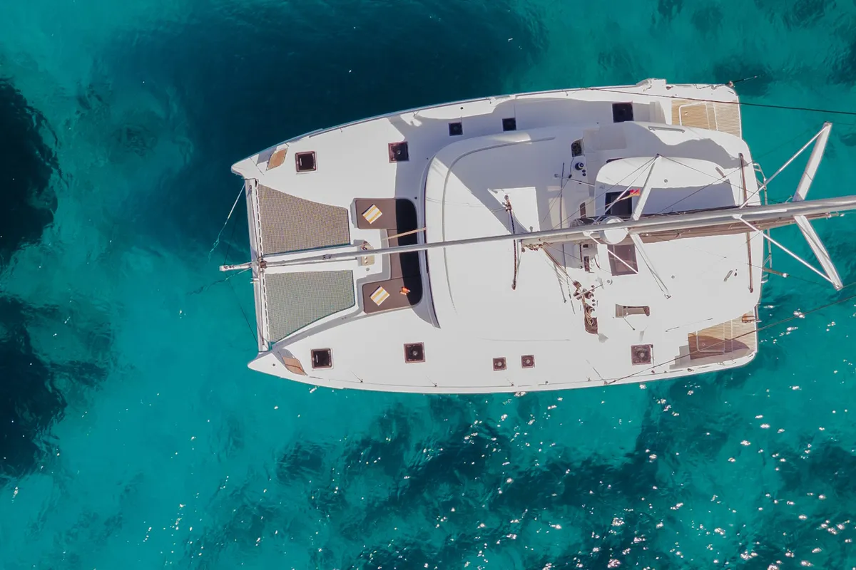 Exterior view of Sabari, a Lagoon 46 catamaran at Olbia, Italy