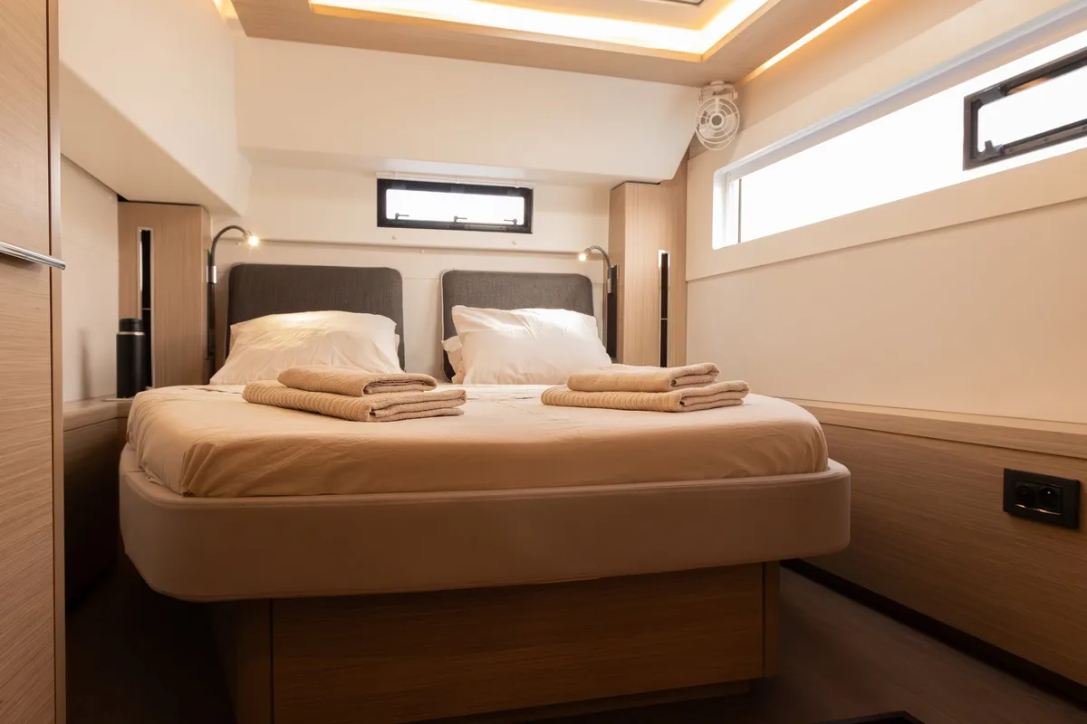 Cabin on Sabari, a Lagoon 46 catamaran at Olbia, Italy