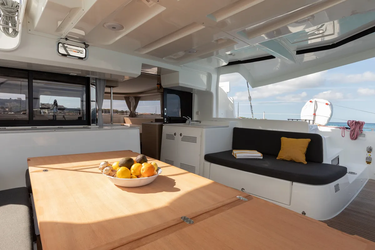 Deck of Sabari, a Lagoon 46 catamaran at Olbia, Italy
