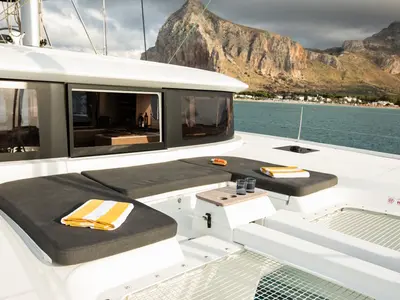Deck of Sabari, a Lagoon 46 catamaran at Olbia, Italy