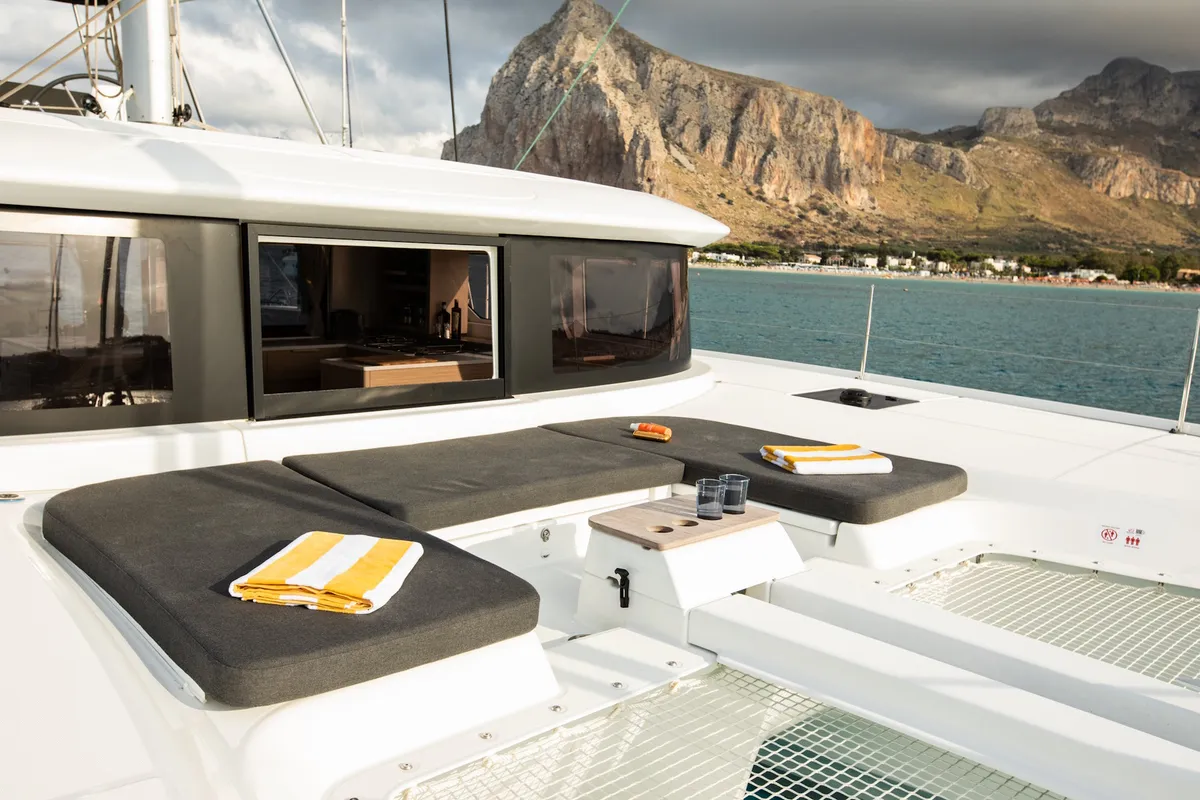 Deck of Sabari, a Lagoon 46 catamaran at Olbia, Italy