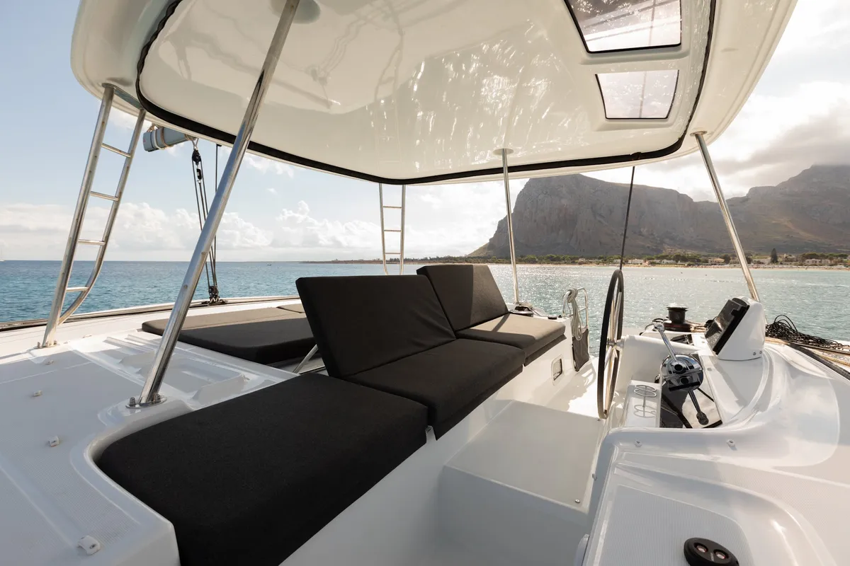 Cockpit of Sabari, a Lagoon 46 catamaran at Olbia, Italy