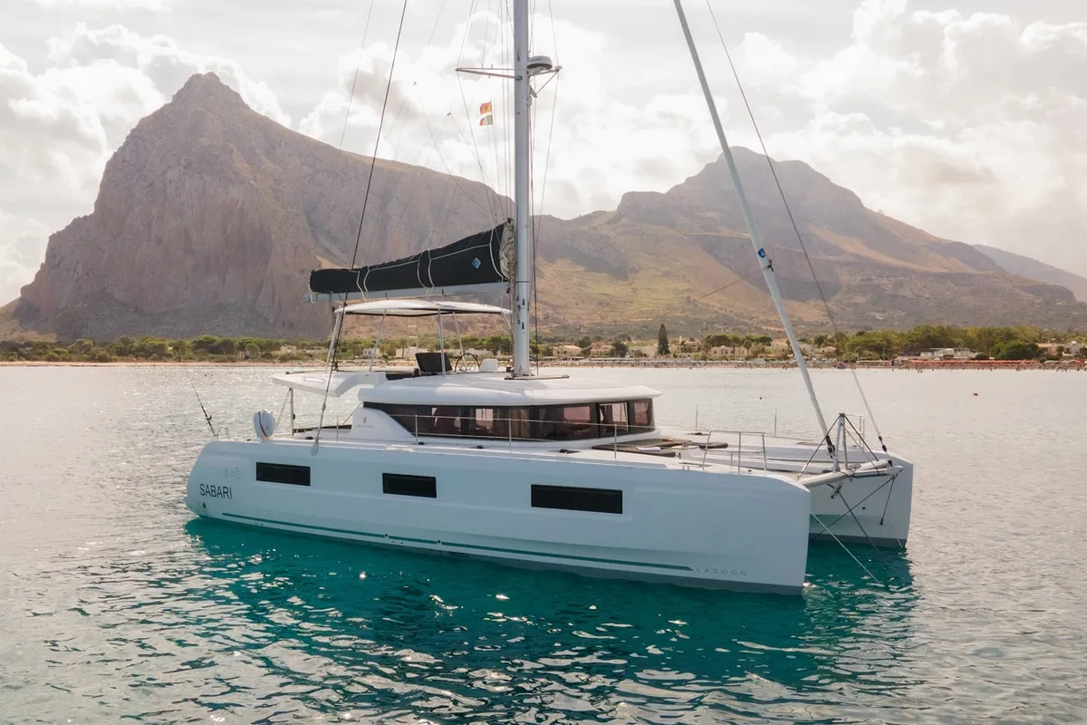 Exterior view of Sabari, a Lagoon 46 catamaran at Olbia, Italy
