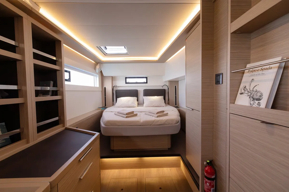 Cabin on Sabari, a Lagoon 46 catamaran at Olbia, Italy
