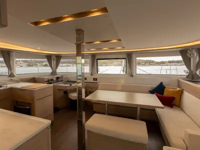 Salon of Sabari, a Lagoon 46 catamaran at Olbia, Italy