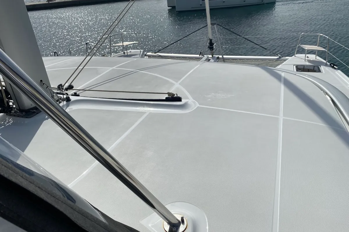 Deck of Archè II, a Lagoon 46 catamaran at Tonnarella, Italy