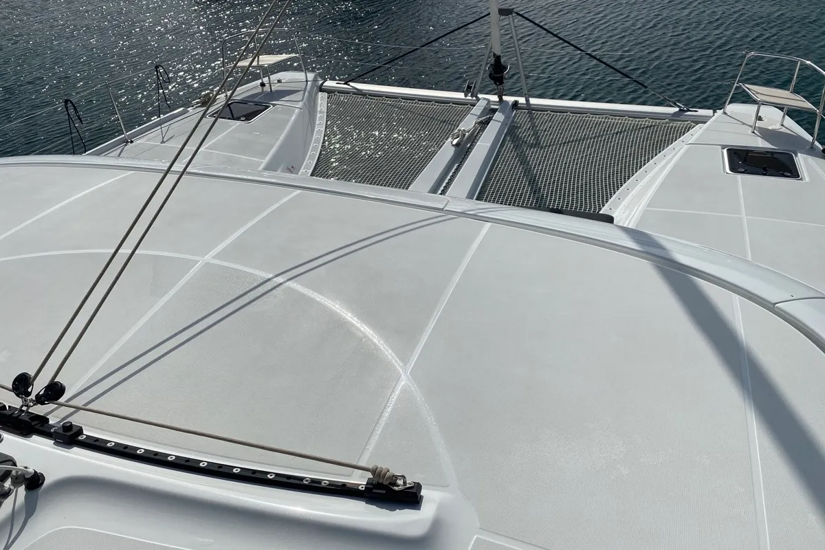 Deck of Archè II, a Lagoon 46 catamaran at Tonnarella, Italy