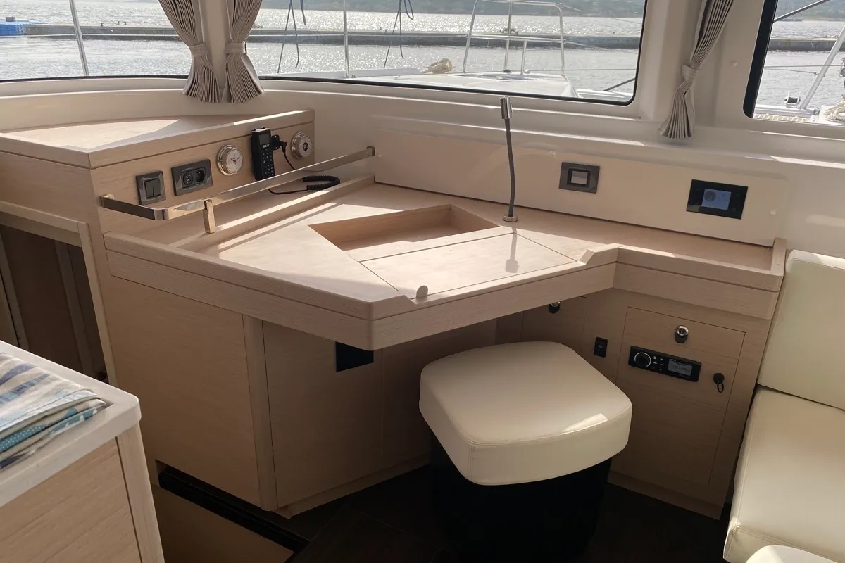 Salon of Archè II, a Lagoon 46 catamaran at Tonnarella, Italy