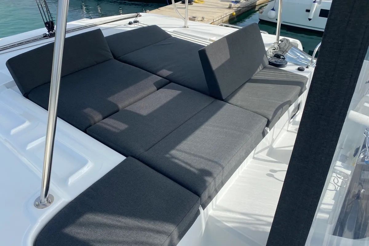 Deck of Archè II, a Lagoon 46 catamaran at Tonnarella, Italy