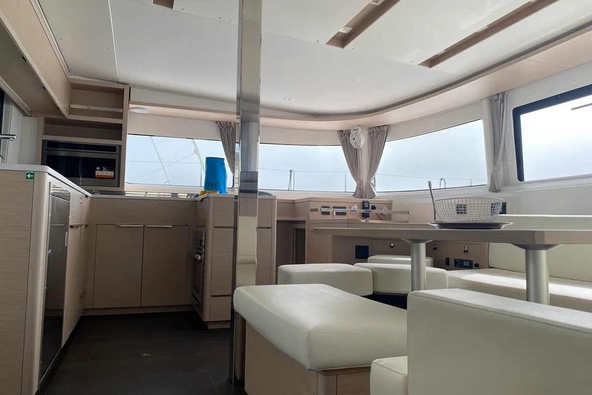 Salon of Archè II, a Lagoon 46 catamaran at Tonnarella, Italy