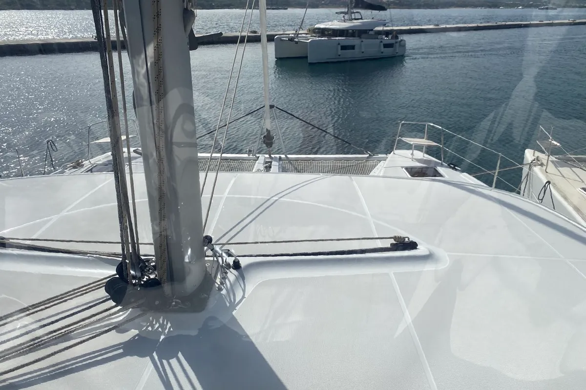 Deck of Archè II, a Lagoon 46 catamaran at Tonnarella, Italy