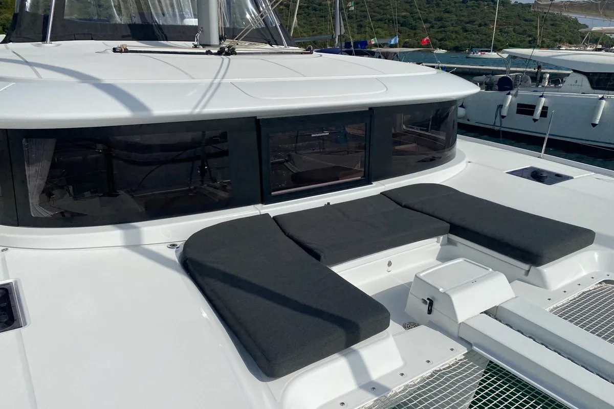 Deck of Archè II, a Lagoon 46 catamaran at Tonnarella, Italy