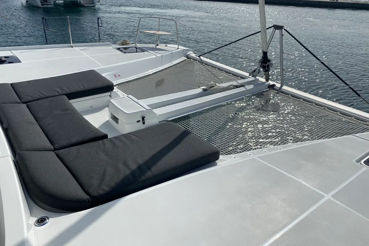 Deck of Archè II, a Lagoon 46 catamaran at Tonnarella, Italy