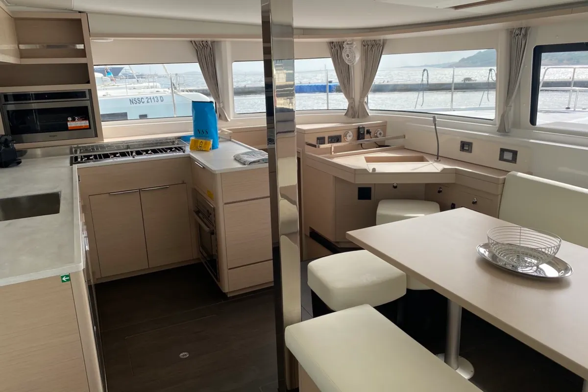 Salon of Archè II, a Lagoon 46 catamaran at Tonnarella, Italy