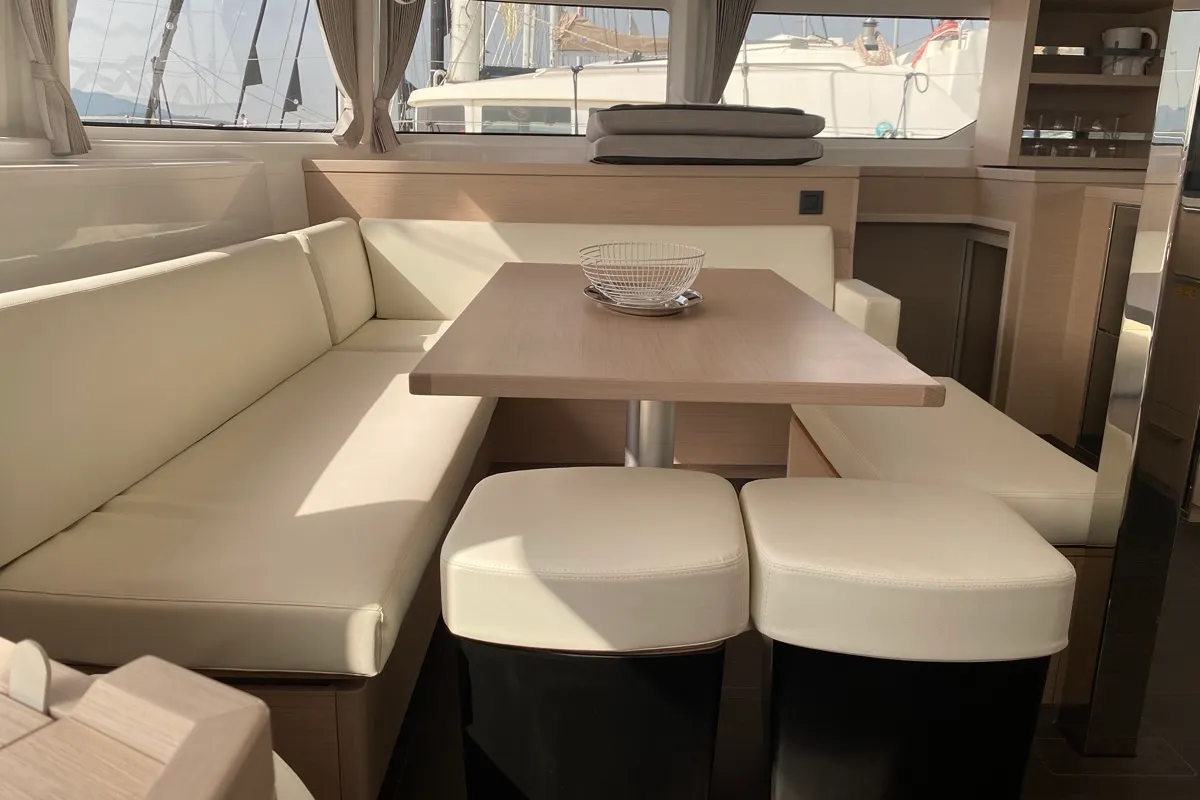 Salon of Archè II, a Lagoon 46 catamaran at Tonnarella, Italy