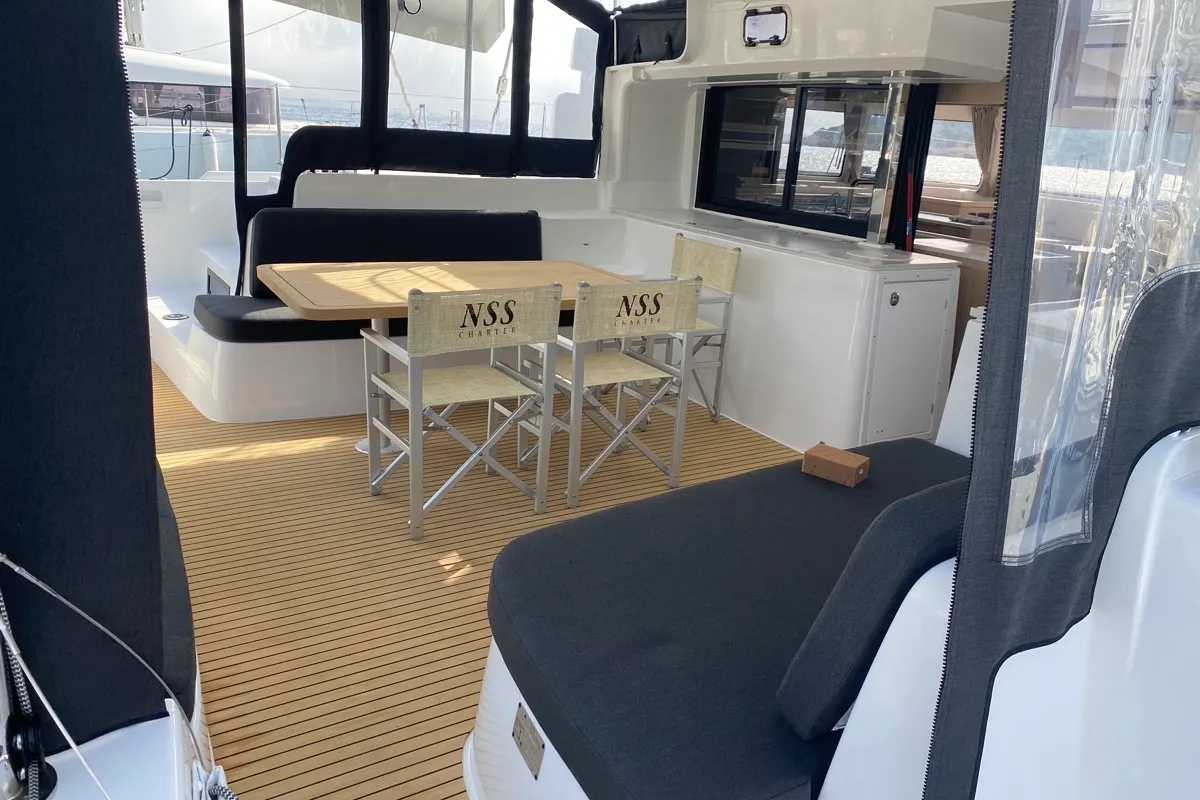 Deck of Archè II, a Lagoon 46 catamaran at Tonnarella, Italy