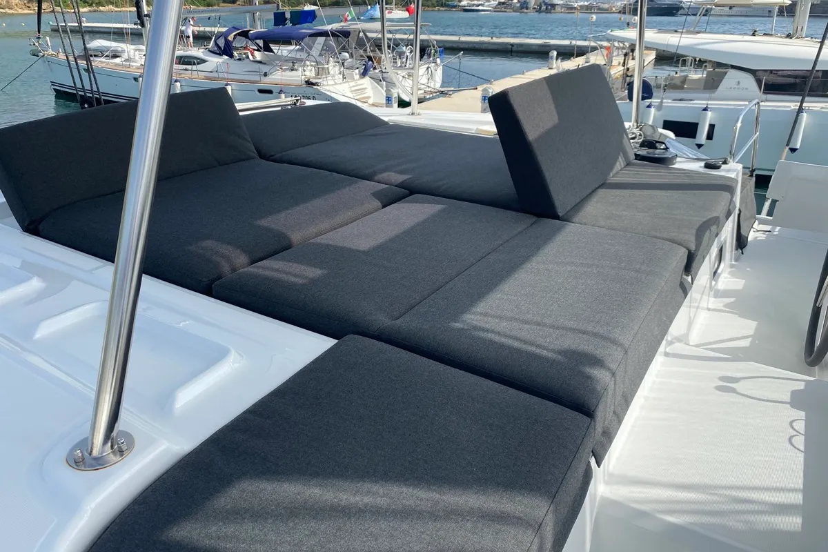 Deck of Archè II, a Lagoon 46 catamaran at Tonnarella, Italy