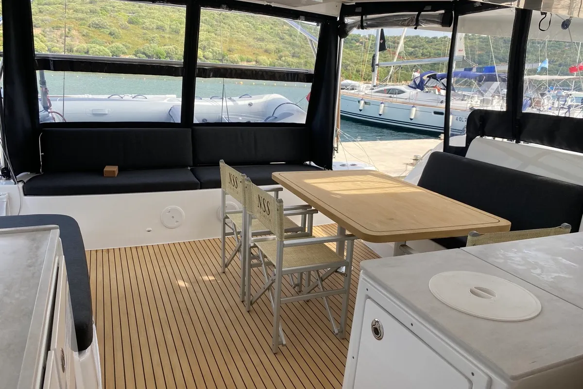 Deck of Archè II, a Lagoon 46 catamaran at Tonnarella, Italy