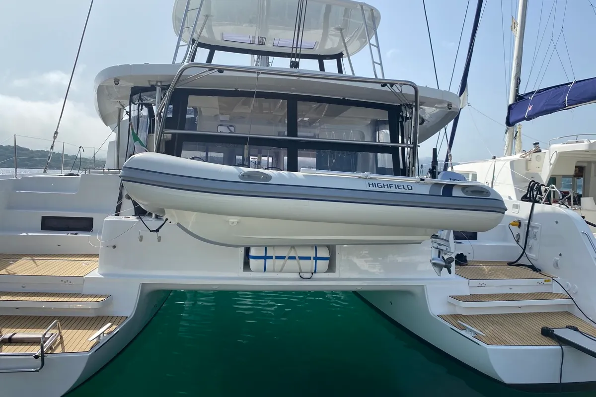 Exterior view of Archè II, a Lagoon 46 catamaran at Tonnarella, Italy