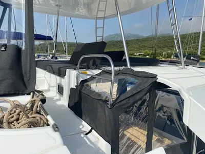 Cockpit of Archè II, a Lagoon 46 catamaran at Tonnarella, Italy
