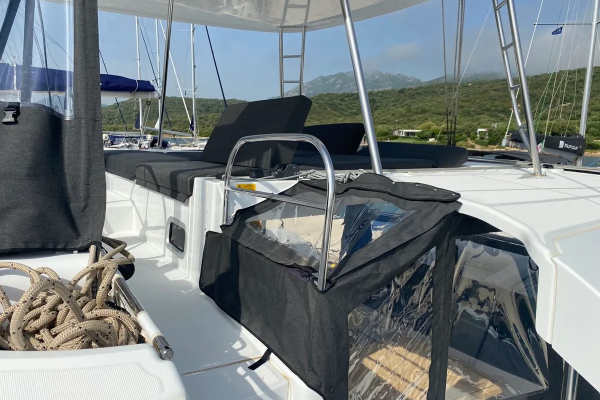 Cockpit of Archè II, a Lagoon 46 catamaran at Tonnarella, Italy