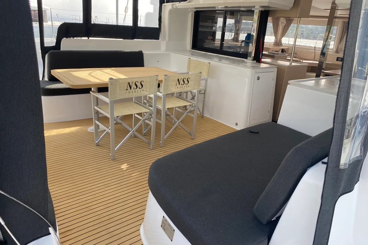 Deck of Archè II, a Lagoon 46 catamaran at Tonnarella, Italy